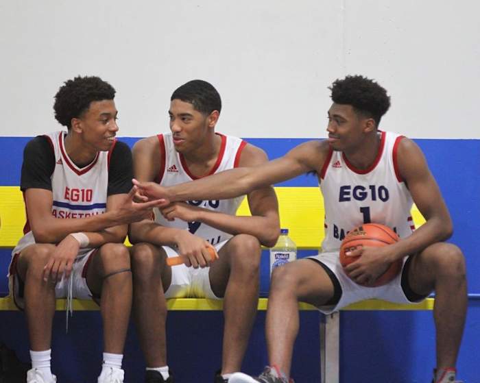 CJ Gunn (left), DJ Hughes (middle) and Tony Perkins (left) talk on the bench during their time on the EG10 AAU team. After being teammates at Lawrence North High School in Indianapolis, Ind., Gunn now plays for Indiana, Hughes plays for Butler and Perkins plays for Iowa.